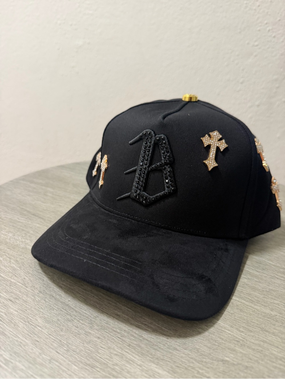 “Barba hats” Black Embellished Baseball Cap with Gold Cross Accents